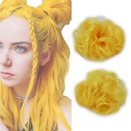 iLUU Yellow Scrunchy Updo Wavy Hair Bun Messy Elastic Chignons Synthetic Hairpiece Wig Curly Hair Extension Scrunchies for Women Girl (#2C Bright Yellow, 2pcs/pack)