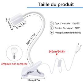 Lamp Holder E27 with Clamp, 2 Pack Bedside Lamp Clip with 240 cm Cable Lamp with Gooseneck Clip 360° Adjustable Spot Clamp Table Lamp LED for Bedroom and Living Room