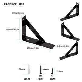 Set of 4 Shelf Brackets, Wall Mount, Heavy-Duty 90-Degree Metal Angles, Floating Triangular Design, for Bookshelves, 15x10x3.5 cm