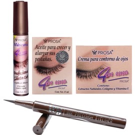 Kit Maquillaje Rimel Micro Fibra Prosa, Aceite para Pestañas y Crema Contorno de ojos Prosa y Plumon Delineador IVY Disponible en Negro o Cafe (Cafe)