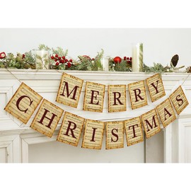 Garland Christmas Decorations Indoor, Vintage Hymns Carols Merry Christmas Banner, Retro Nostalgic Classic Xmas Sign Holiday Decor for Fireplace Mantle Wall Door Home Office Farmhouse Garden Outdoor
