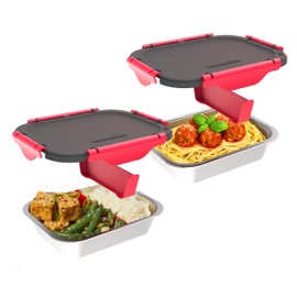 Faitron Innenschalen 2er-Set, Auslaufsichere Edelstahl-Schalen mit Trennsteg und Transportdeckel, Hitzebeständig bis zu 200°C, Passend für Heatsbox Style, Style+, Go und Pro, Edelstahl