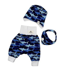 Baby Set Haie, GeschenkSet, Geburtsgeschenk, 3 teiliges Set, Pumphose, Latz, Mütze