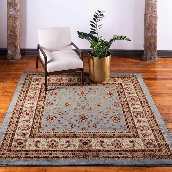 Unique Loom Voyage Collection Traditional Oriental Classic Intricate Design Area Rug, 6 ft 0 in x 6 ft 0 in, Light Blue/Gold