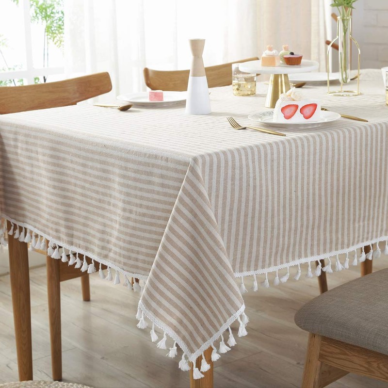 Plenmor Cotton Linen Table Cloth Stripe Tassel Rectangle Tablecloth Dust-Proof