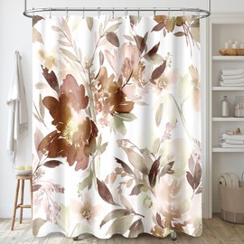 MAYZUS Brown Floral Shower Curtain, Watercolor Flower Shower Curtain for Bathroom, Modern Abstract Ink Decorative Fabric Shower Curtain Set with Hooks 72x72