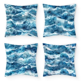 Umootek 4pcs Ocean Themed Throw Pillow Covers Set, 18"X18" Square Watercolor Waves Printed Pattern Decorative Cushion Cover, for Sofa Couch Home Farmhouse Decor Cushion Case