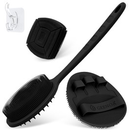 GEENOA - Juego de 3 guantes de silicona para la espalda y la cara y el baño, exfoliante suave con cabeza de doble cara y mango antideslizante, guante de baño de silicona suave para espuma rica y