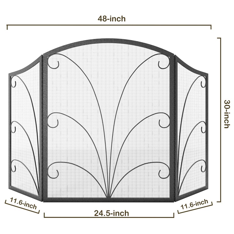 Kingson 3-Panel Arched Fireplace Screen Decorative, Handcrafted Scroll Wrought Iron