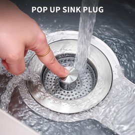 2 Pack – 3-in-1 Kitchen Sink Drain Strainer Stopper, 304 Stainless Steel Pop Up Sink Plug with Removable Filter Basket, Fits 3-1/2” US Standard Drain, Anti-Clog, Rustproof, Odor Blocker