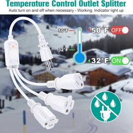 Feekoon 3 Plug 120V Heat Cable Controller, Outdoor Thermostat Controlled Extension Cord, Turns on Below 32°F, Off Above 50°F for Coop Heaters Deicers Water Pipe Heating Tapes, Energy Saving