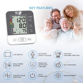 Get Fit Blood Pressure Monitor CE Approved UK for Home Use - Medical Upper Arm Blood Pressure Machine - Heart Rate Monitor - Hypertension Detector - Adjustable 22-42cm Large Adult Cuff - LCD Display