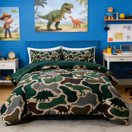 Holawakaka Boys Dinosaur Camouflage Comforter Set with Sheets, Twin Size Army Green Camo Bedding Sets for Kids Teens Dino Bed-in-a-Bag 5 Pieces for Dorm Bedroom Cabin Lodge