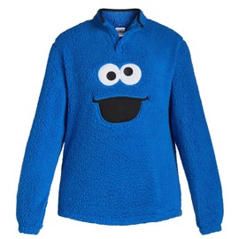 Sesame Street Cookie Monster Men's Fleece Pullover Adult 1/4 Snap Sweater Jacket (X-Large) Royal Blue