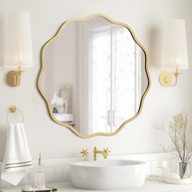 WallBeyond Round Wavy Mirror for Wall Decorative 24 inch, Modern Round Mirror Aluminum Frame Circle Wall Mirror for Bathroom Bedroom Living Room Home House Office Entryway, Gold