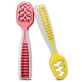 NumNum NumNum Baby Spoons Set, Baby Essentials Pre-Spoon GOOtensils for 6+ Months, First Stage Self-Feeding Spoons for Baby Led Weaning (BLW), Silicone Toddler Utensils, BPA-Free, 2 Pack Red/Yellow