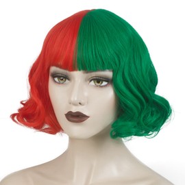 WeKen Green and Red Wig for Girls Short Wavy Half Red Half Green Wig with Bangs Girls Women Cosplay Synthetic Wig Daily Party
