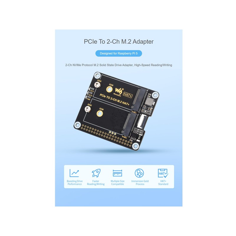 Waveshare PCIe to 2-ch M.2 Adapter for Raspberry Pi 5,2-Ch