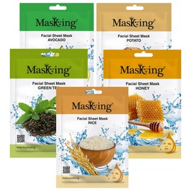 MasKing Beauty Facial Sheet Mask with Real Extract of Avocado, Potato, Green Tea, Honey & Rice for Skin Nourishing, Lightening, Hydrating, Glowing & Soothing for Women & Men, 100ml (Combo Of 5)
