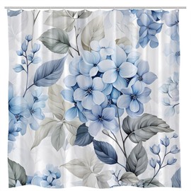 Hydrangea Flower Shower Curtain Blue Floral Blossom Spring Watercolor Grey Leaves Vintage Plant Rustic Women Girls Nature Bathroom Curtains Set Polyester Fabric with Hooks 70" W x 70" L