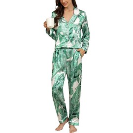 Samring Women's Sleepwear 2 Piece Silk Pajamas Summer Vacation Satin Printed Long Sleeve Button up Pjs Lounge Set White Palm L