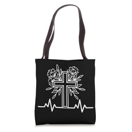 Heartbeat Cross Flowers Background Christian Theme Tote Bag
