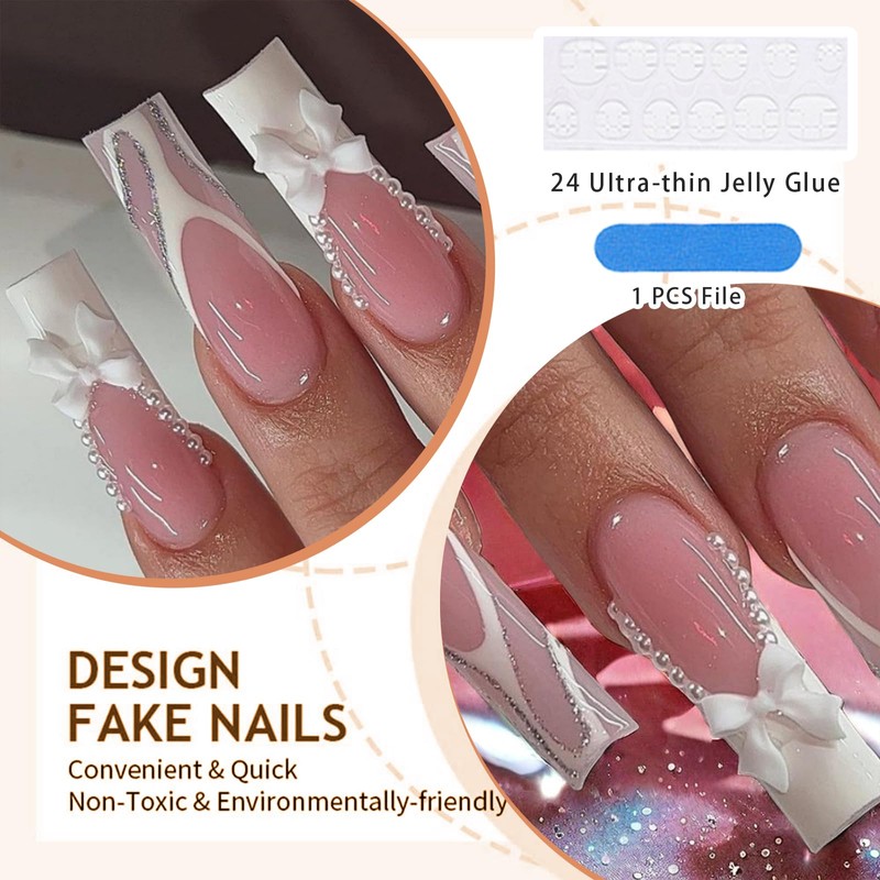 GlamRays French Tip Press On Nails Long Square False Nails