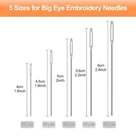Redamancy 50 Pcs Large Eye Needles, 5 Sizes Big Eye Hand Sewing Needles, Steel Yarn Knitting Needles, Darning Needle in a Clear Tube Upholstery Needles Set, 1.6” 1.8” 2” 2.2” 2.4”