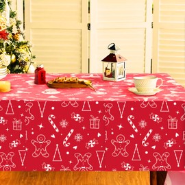 Christmas Wipe-Clean Tablecloth–132cm x 178cm PVC Perfect for Holiday Parties, Scratch-Resistant Non-Woven Backing, Easy to Clean, Durable & Reusable, Ideal for Dining & Entertaining(Red Gingerbread)