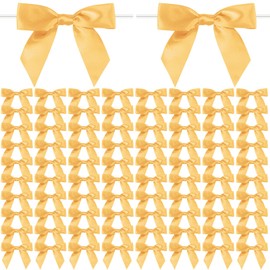 Gold Twist Tie Bows, 100 Pcs Satin Twist Tie Bows for Treat Bag Satin Ribbon Tie Bows for Tying Up Packages Present Bags Bakery Candy Bags Decorating Ribbon Bow Gift Wrap Bows