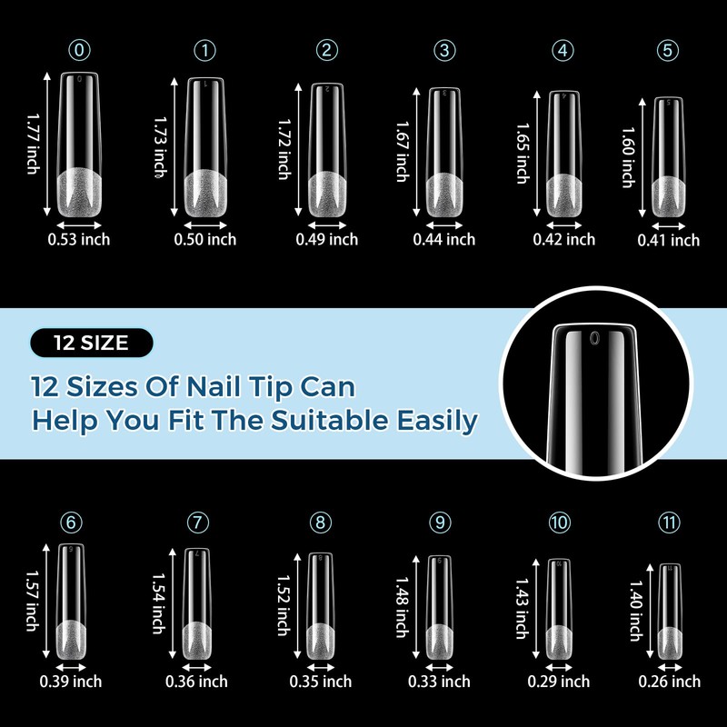 Extra Long Square Nail Tips 240Pcs 12 Sizes Gel Nail