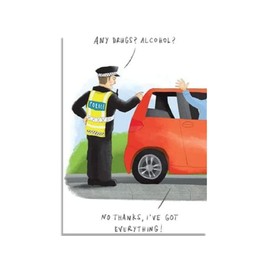 Paperlink Open Humorous Blank Greeting Card - 'Got Everything' - Police Officer and Car Illustration - From The Bemusement Park Range - Suitable For Birthdays and Other Occasions - For Him/Her