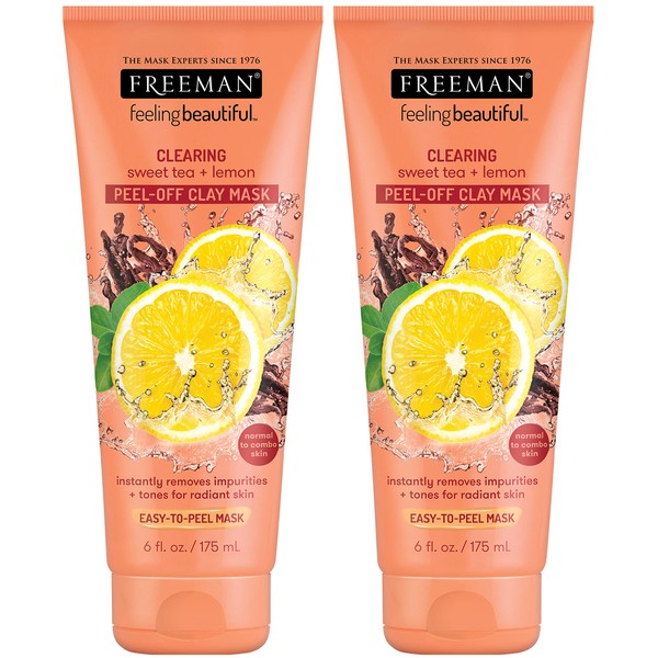 Freeman Clearing Peel Off Clay Facial Mask, Cleansing and Oil Absorbing Beauty Face Mask with Sweet Tea and Lemon, 6 oz, 2 Pack