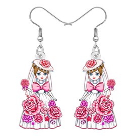 NEWEI Acrylic Fun Romantic Bridal Doll Dangle Earrings Bride Wedding Dress Design with Rose Flowers Unique Jewelry Bridal Shower Gifts for Women Mom Bridesmaid (White)