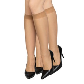 LORES 2 Pairs Women's Knee High Socks Second Skin Thin 15 Denier Sheer Natural Solid Colours Office Casual Long Pop Socks Melanie15, Gold.