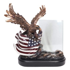 Ebros Patriotic Bald Eagle with Outspread Wings Perching On Star Spangled Banner American Flag Statue with 4"X6" Glass Picture Photo Frame Bronze Electroplated Figurine