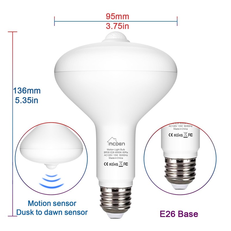 McDen Motion Sensor Light Bulb, BR30 13W Equivalent 100W 6000K