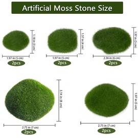 Pack of 10 Artificial Moss Stones, 5 Sizes Green Moss Balls, Artificial Moss Stones, DIY Decorative Garden Moss Ball, Small Moss Rocks, Decorative Artificial Stones for Fairy Gardens and Crafts