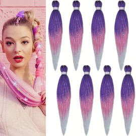 LDMY Pre stretched Braiding Hair-8pcs/pack Summer Fashion Ombre Purple to Pink to White with Tinsel Synthetic Hair for Braids 90g/pc