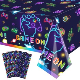 Hegbolke 4Pcs Video Game Party Tablecloth, Neon Game On Table Covers, Rectangular Table Decoration Gaming Night Birthday Party Decorations for Kids Boys Girls, 51 x 107 Inch