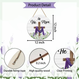 He is Risen Easter Decor Easter Door Decorations Wreaths for Front Door Decor Wooden He is Risen Sign Hanging Decorations Religious Cross Christian Flowers Door Hanger for Wall Indoor Home Decor