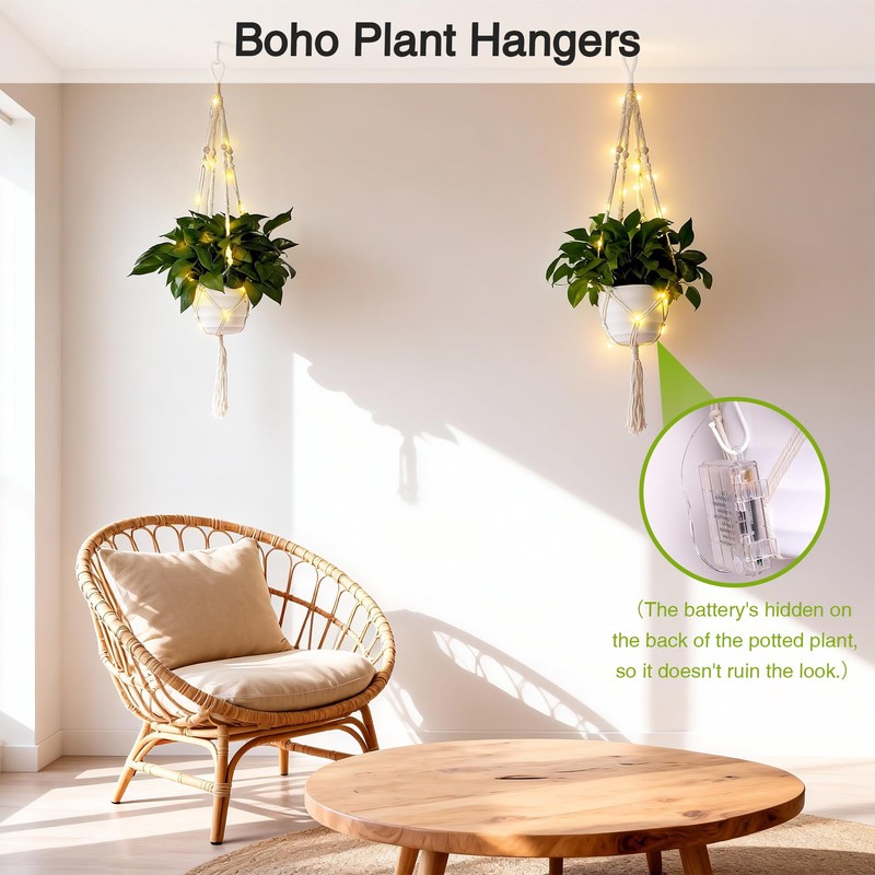 Loscarol 2 Pack Macrame Plant Hanger with Lights and 2Pcs