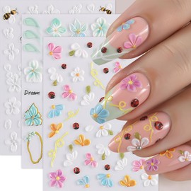 3 Sheets Flower Nail Art Stickers 5D Embossed Cute Bee Nails Decals Spring Summer Pink and Blue Gradient Hawaiian Flowers Nail Design Embossed Petals Nails Supplies for Women DIY Manicure Decorations