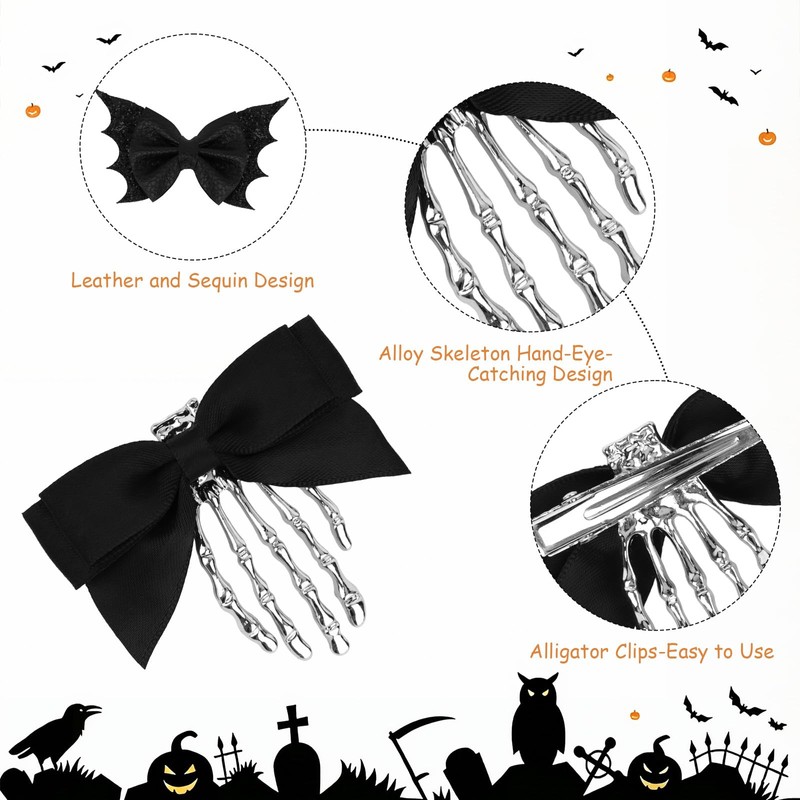 4PCS Halloween Bows Bone Hair Clips Skeleton Hand Bat Spooky