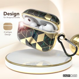 EAZY CASE - Schutzhülle für AirPods Pro 2 Hülle Grün Hard Case Stoßfest mit Karabiner geeignet als Schlüsselanhänger Antikratz Etui rutschfest Hardcase für Airpod Pro 2. Generation in Gold Grün Marmor