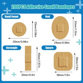 200 PCS Adhesive Small Bandages Include 60 Small Round, 50 Oval, 30 Square and 60 Rectangle Flexible Bandaids for Nose, Face and Skin Wound Care