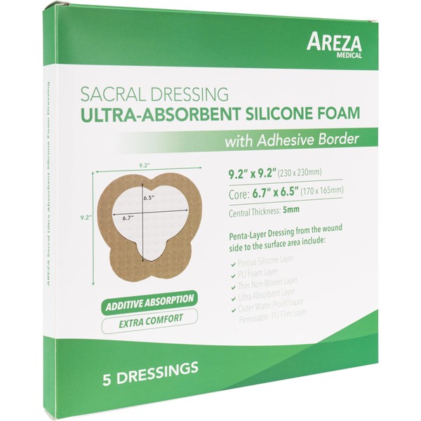 Sacral Ultra-Absorbent Silicone Foam Dressing 9.2" X 9.2" Box of 5; Sterile; Wound Dressing By Areza Medical