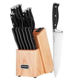 Diamosteel Kitchen Knife Block Set, 15 Pcs Knife Set with Block and Sharpener Scissors for Kitchen, High Carbon Stainless Steel Knife Set (Natural)