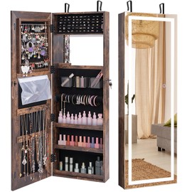 COSTWAY LED Mirror Jewelry Cabinet, Wall Door Mounted Jewelry Organizer w/ 3-Color LED Lights, Full Length Mirror with Jewelry Storage, Lockable Hanging Jewelry Armoires for Women Girls (Rustic Brown)