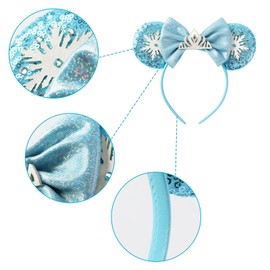 Mouse Ears Headband Bow Glitter Princess Costume Hair Accessories for Women Trip Party Supplies Snowflake Blue for Elsa